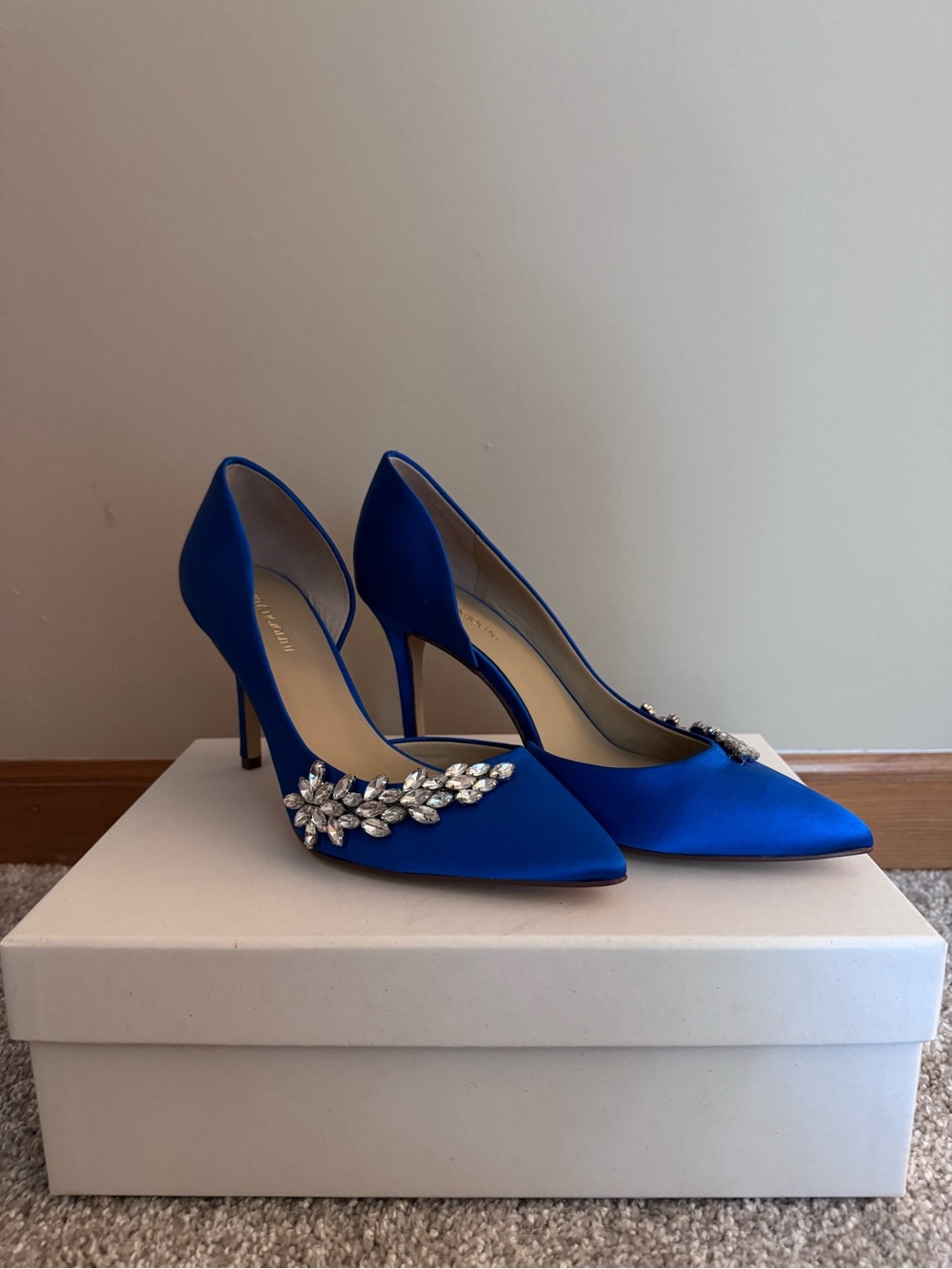 Blue Satin Embellished Pointed-Toe Heels